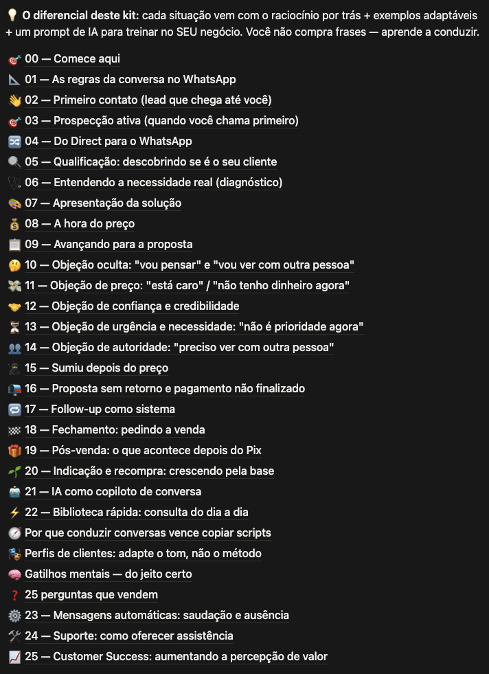 Índice do Kit WhatsApp Comercial no Notion, com todos os módulos do primeiro contato ao pós-venda